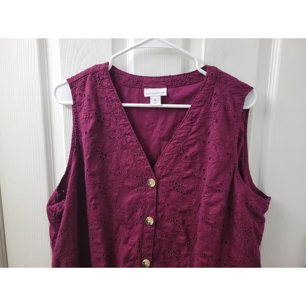 Liz Claiborne Wild Cherry Eyelet Cotton Button Front Midi Dress Pockets XL - Picture 6 of 12